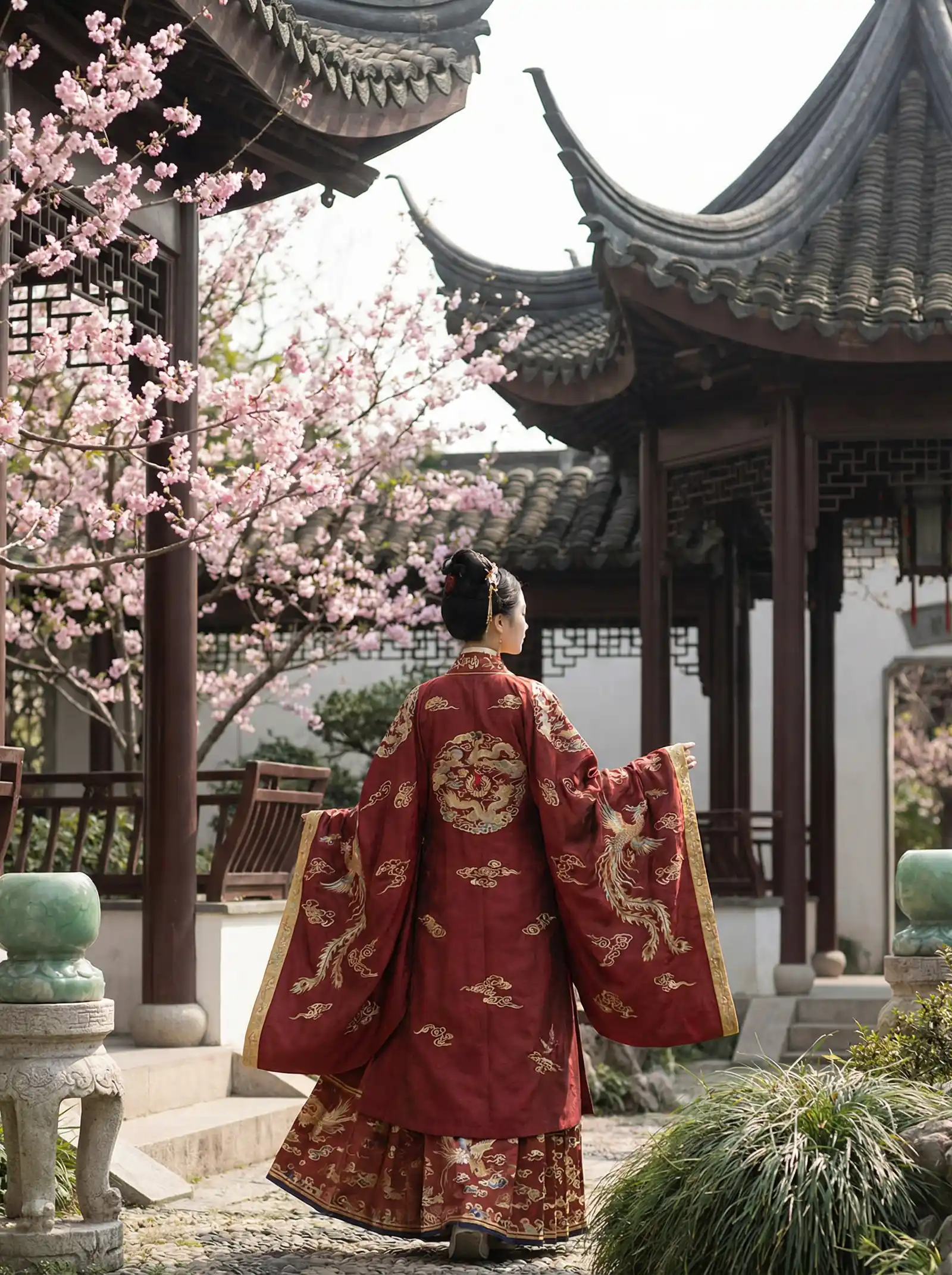 杨丽青三级 明制汉服红色凤凰刺绣